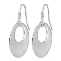 A pair of silver oval drop earrings with a brushed finish and hook ear wires, displayed against a white background.