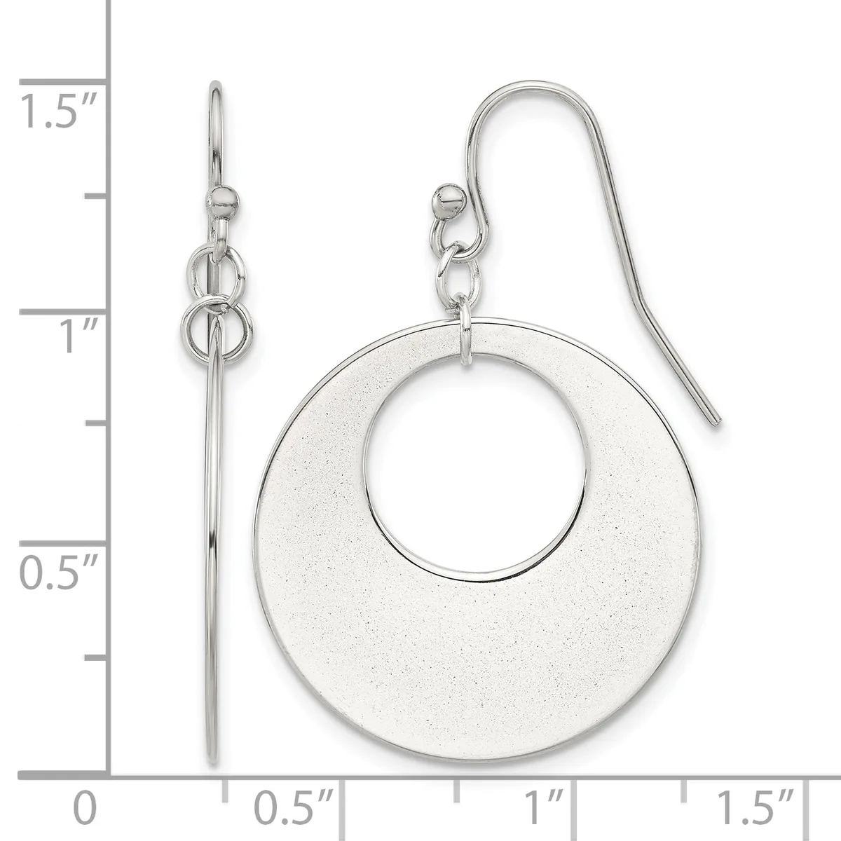Pair of silver-tone dangle earrings with circular disc faces and open center rings, displayed against a measurement scale showing approximately 1.5 inches in length.