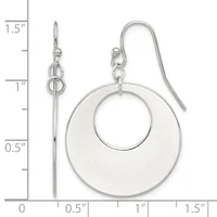 Pair of silver-tone dangle earrings with circular disc faces and open center rings, displayed against a measurement scale showing approximately 1.5 inches in length.