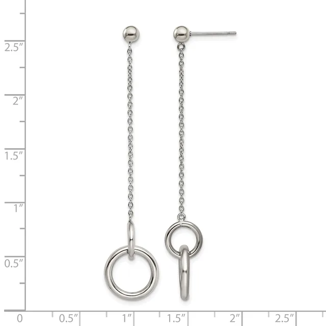 Pair of silver-toned drop earrings with ball studs connected to dangling chain and ring pendants, displayed against a measurement ruler.