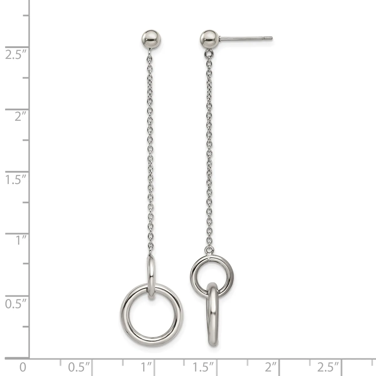 Pair of silver-toned drop earrings with ball studs connected to dangling chain and ring pendants, displayed against a measurement ruler.