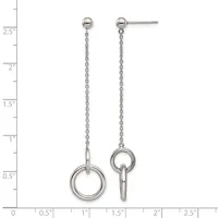 Pair of silver-toned drop earrings with ball studs connected to dangling chain and ring pendants, displayed against a measurement ruler.