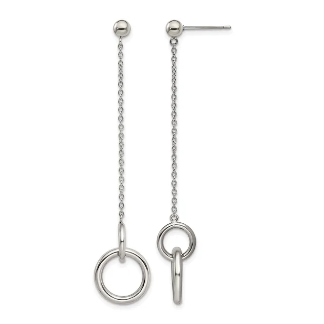 Pair of silver dangle earrings with ball studs connected to long chains suspending open circle rings.