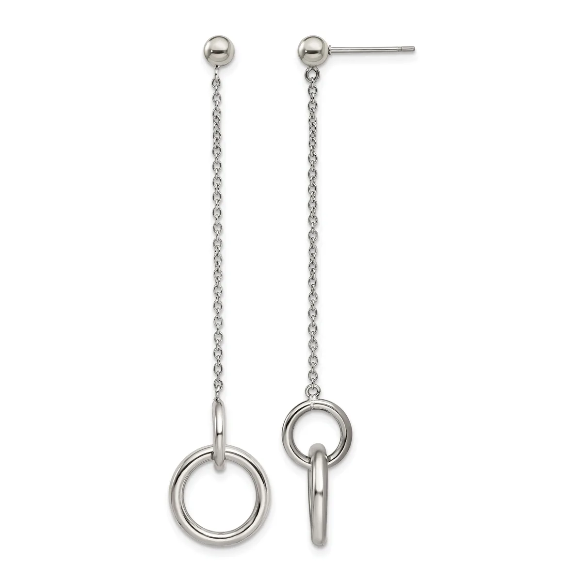 Pair of silver dangle earrings with ball studs connected to long chains suspending open circle rings.