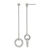 Pair of silver dangle earrings with ball studs connected to long chains suspending open circle rings.