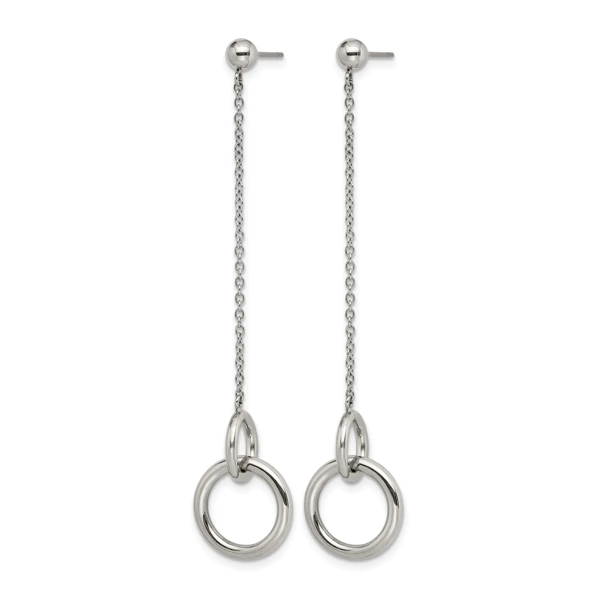 A pair of silver-toned dangle earrings with ball posts, delicate chain links, and circular ring charms suspended at the ends.