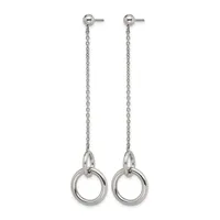 A pair of silver-toned dangle earrings with ball posts, delicate chain links, and circular ring charms suspended at the ends.