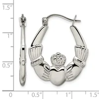 Silver-toned Claddagh hoop earrings with a heart center and hands, displayed next to a ruler showing approximately 1.5 inches in length.