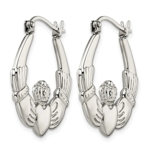 A pair of silver lobster claw hoop earrings with detailed ridged bodies and claws, featuring small round diamond accents on the claws.