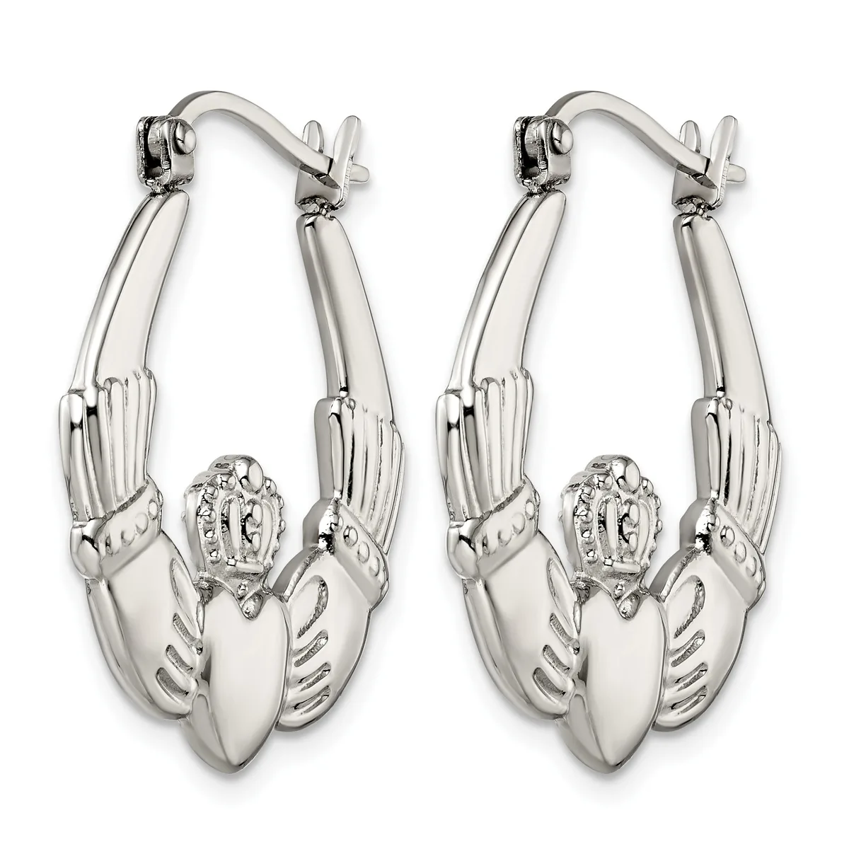 A pair of silver lobster claw hoop earrings with detailed ridged bodies and claws, featuring small round diamond accents on the claws.