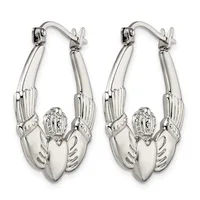 A pair of silver lobster claw hoop earrings with detailed ridged bodies and claws, featuring small round diamond accents on the claws.