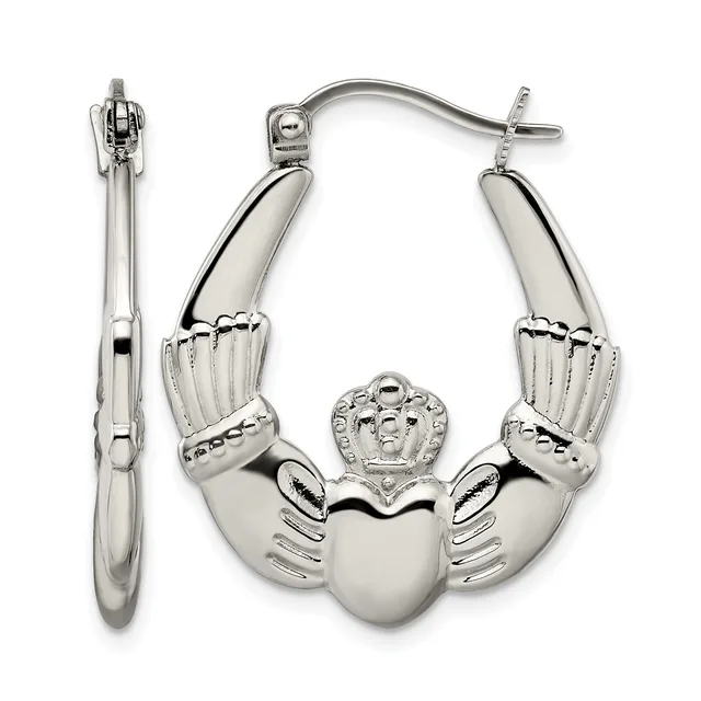 Pair of silver Claddagh hoop earrings with hands cradling a heart topped with a crown, shown front and side view.