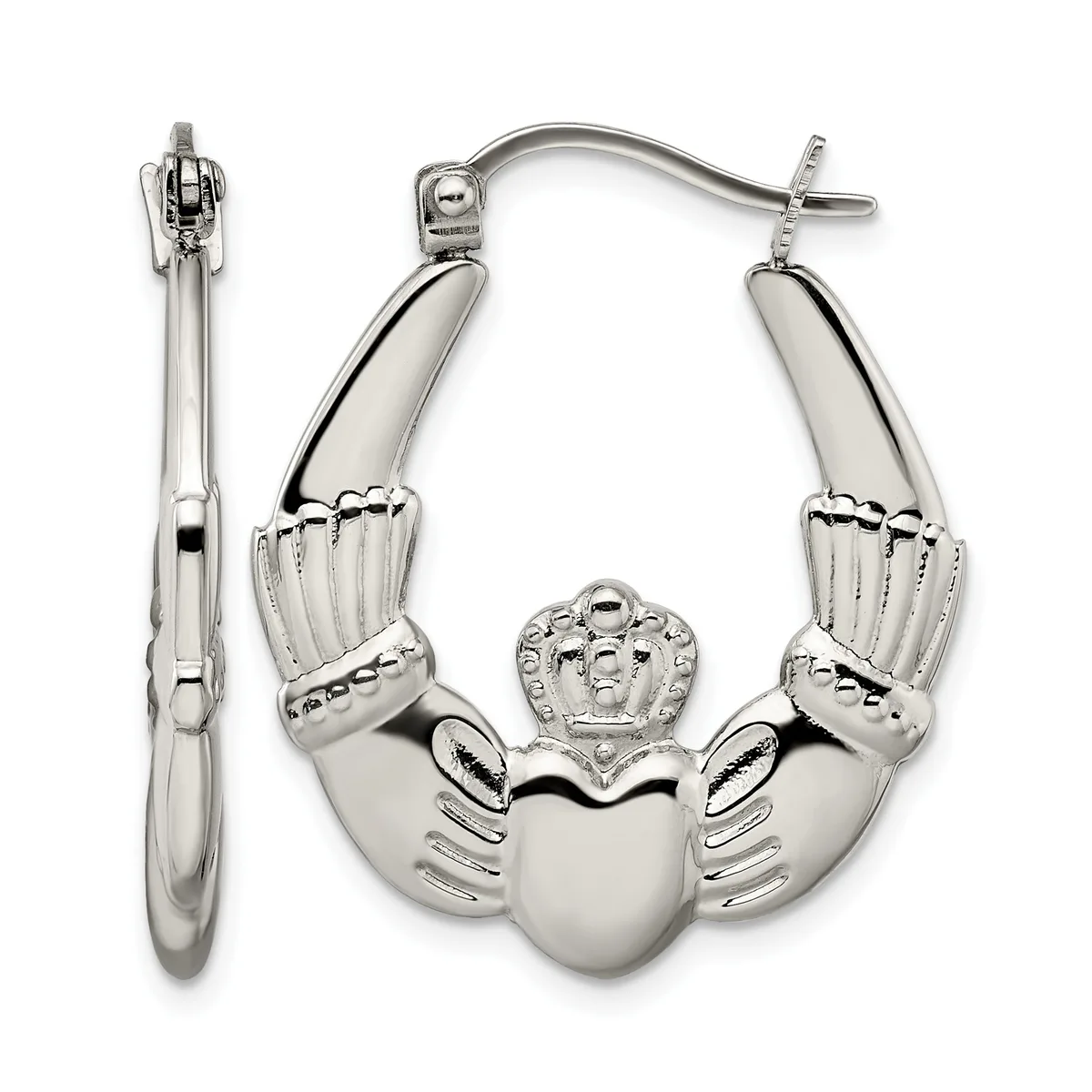 Pair of silver Claddagh hoop earrings with hands cradling a heart topped with a crown, shown front and side view.