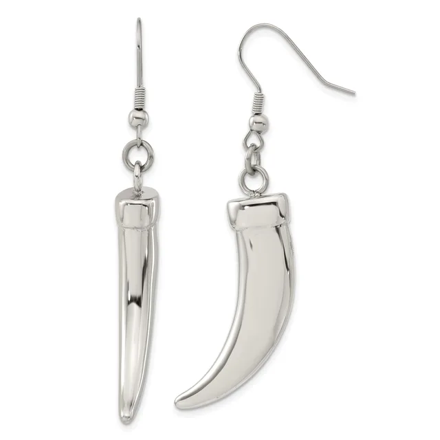A pair of silver-toned dangle earrings with straight and curved knife-like pendants, displayed against a white background.