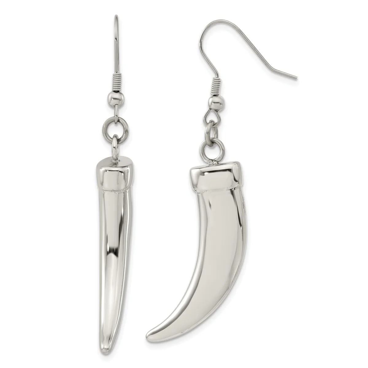 A pair of silver-toned dangle earrings with straight and curved knife-like pendants, displayed against a white background.