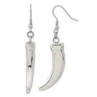 A pair of silver-toned dangle earrings with straight and curved knife-like pendants, displayed against a white background.