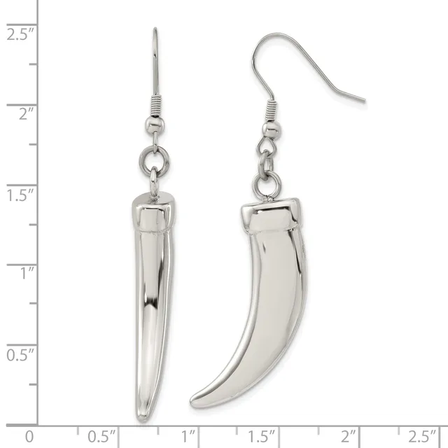 Two silver-toned metal dangle earrings with curved tusk or claw-shaped pendants, displayed against a measurement ruler showing they are approximately one inch long.