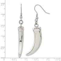 Two silver-toned metal dangle earrings with curved tusk or claw-shaped pendants, displayed against a measurement ruler showing they are approximately one inch long.
