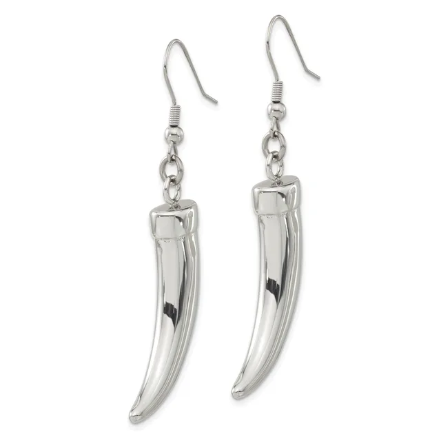 A pair of silver-toned curved tube earrings with fish hook wires, displayed against a white background.