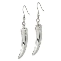 A pair of silver-toned curved tube earrings with fish hook wires, displayed against a white background.