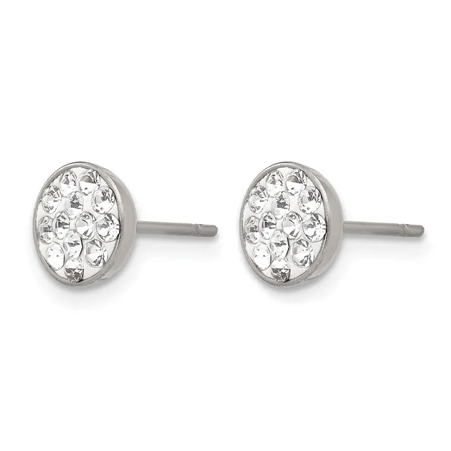 Pair of silver oval stud earrings with textured surfaces set with clear stones, shown from the front against a white background.