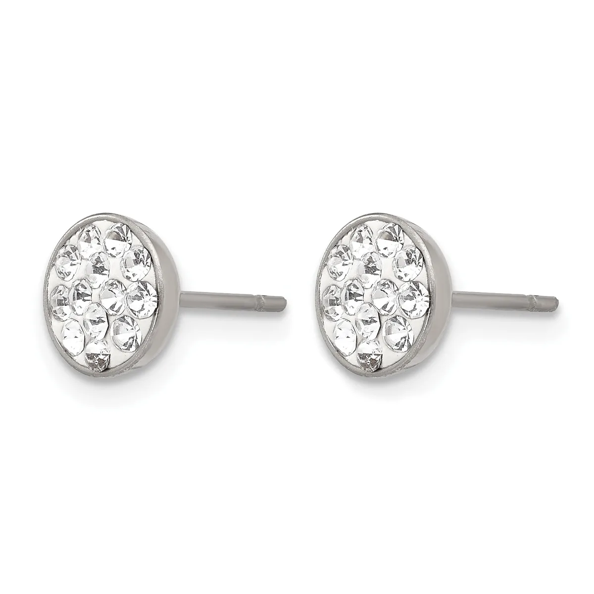 Pair of silver oval stud earrings with textured surfaces set with clear stones, shown from the front against a white background.