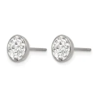 Pair of silver oval stud earrings with textured surfaces set with clear stones, shown from the front against a white background.