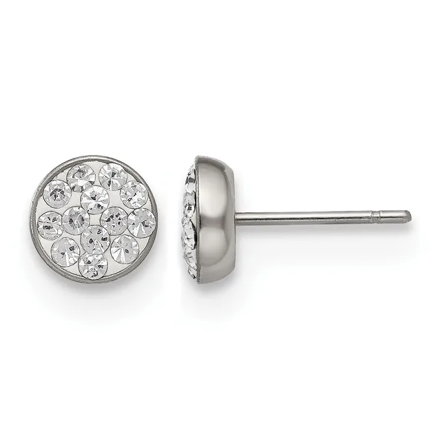 A pair of silver-toned stud earrings with circular faces filled with clear round crystals, shown from front and side views.