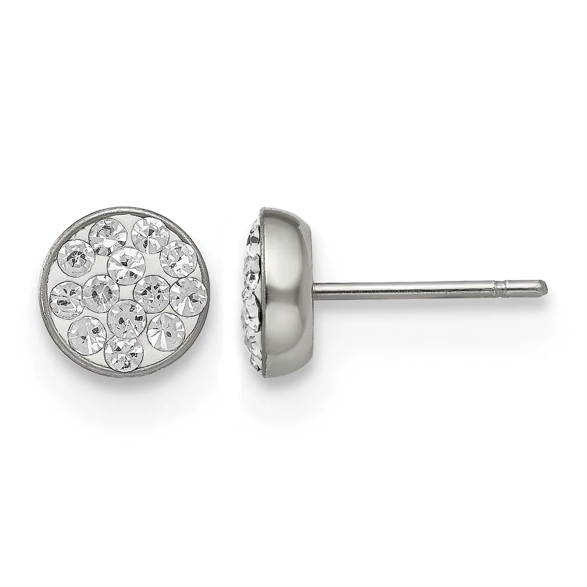 A pair of silver-toned stud earrings with circular faces filled with clear round crystals, shown from front and side views.