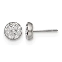 A pair of silver-toned stud earrings with circular faces filled with clear round crystals, shown from front and side views.