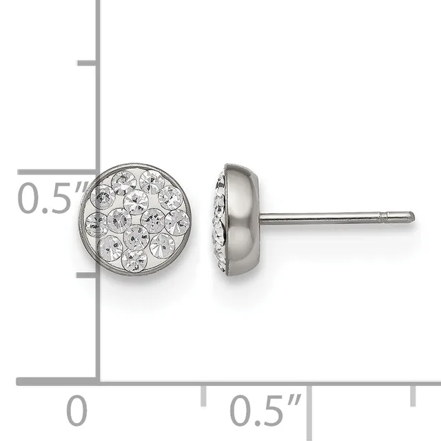 Pair of round stud earrings with crystal rhinestones set in silver-tone metal, shown front and side view with measurement scale indicating approximately 0.5 inch diameter.