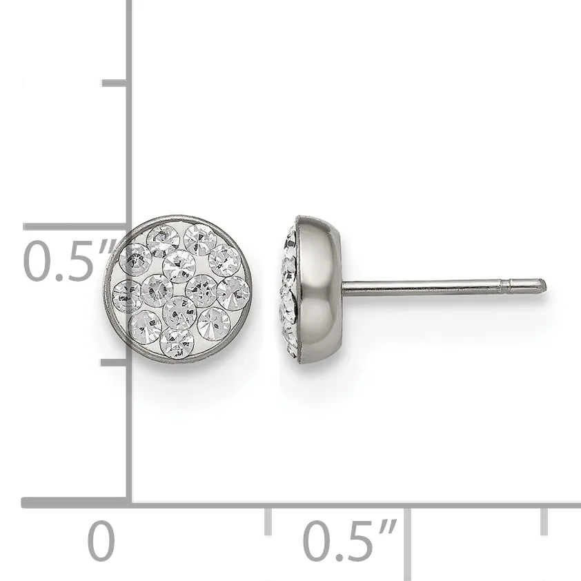 Pair of round stud earrings with crystal rhinestones set in silver-tone metal, shown front and side view with measurement scale indicating approximately 0.5 inch diameter.
