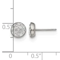 Pair of round stud earrings with crystal rhinestones set in silver-tone metal, shown front and side view with measurement scale indicating approximately 0.5 inch diameter.