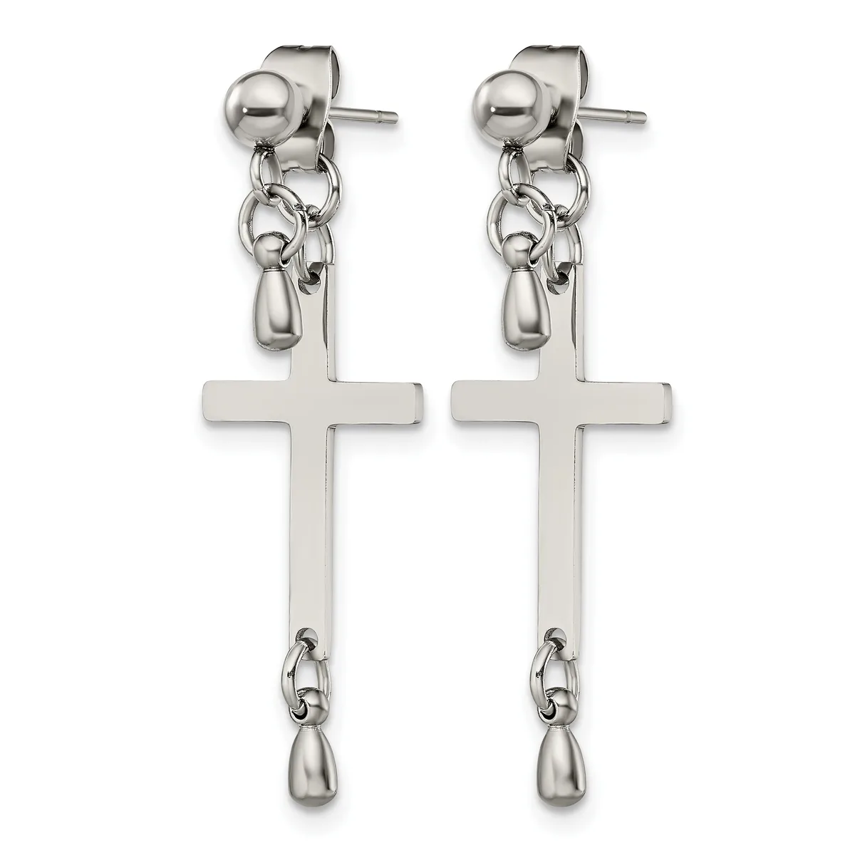 A pair of stainless steel dangle earrings with ball studs, small teardrop charms, and elongated cross pendants hanging from chain links.
