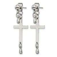 A pair of stainless steel dangle earrings with ball studs, small teardrop charms, and elongated cross pendants hanging from chain links.