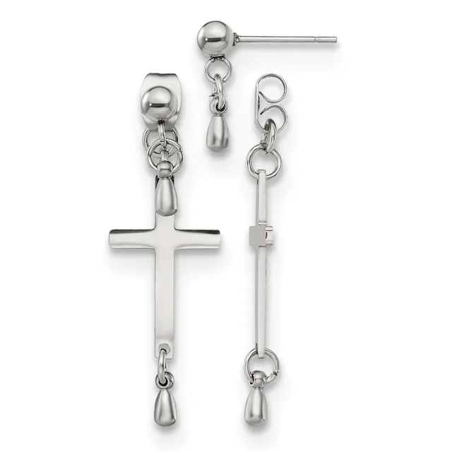 Pair of silver-toned dangle earrings featuring ball studs with cross pendants and teardrop accents suspended from chain links.