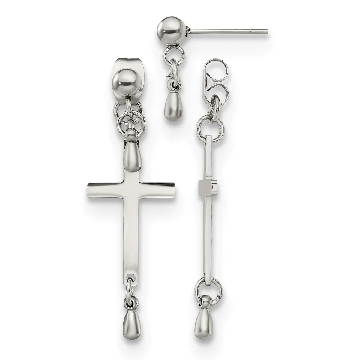 Pair of silver-toned dangle earrings featuring ball studs with cross pendants and teardrop accents suspended from chain links.