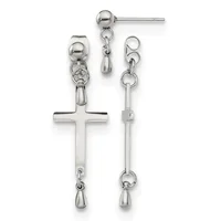 Pair of silver-toned dangle earrings featuring ball studs with cross pendants and teardrop accents suspended from chain links.