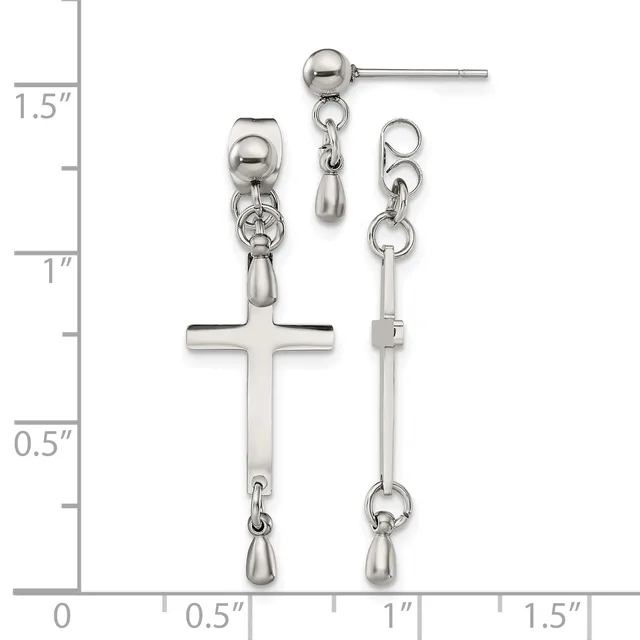Pair of silver-tone dangle earrings with ball posts, featuring chain links, teardrop charms, and a cross pendant, shown against a measurement ruler.