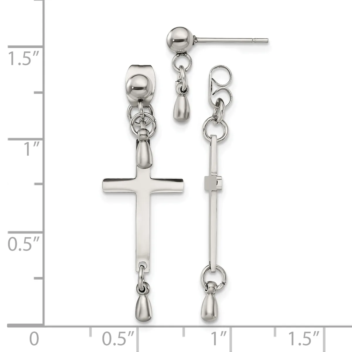 Pair of silver-tone dangle earrings with ball posts, featuring chain links, teardrop charms, and a cross pendant, shown against a measurement ruler.
