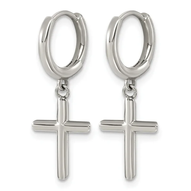A pair of silver-toned hoop earrings with dangling cross charms attached by small chains.