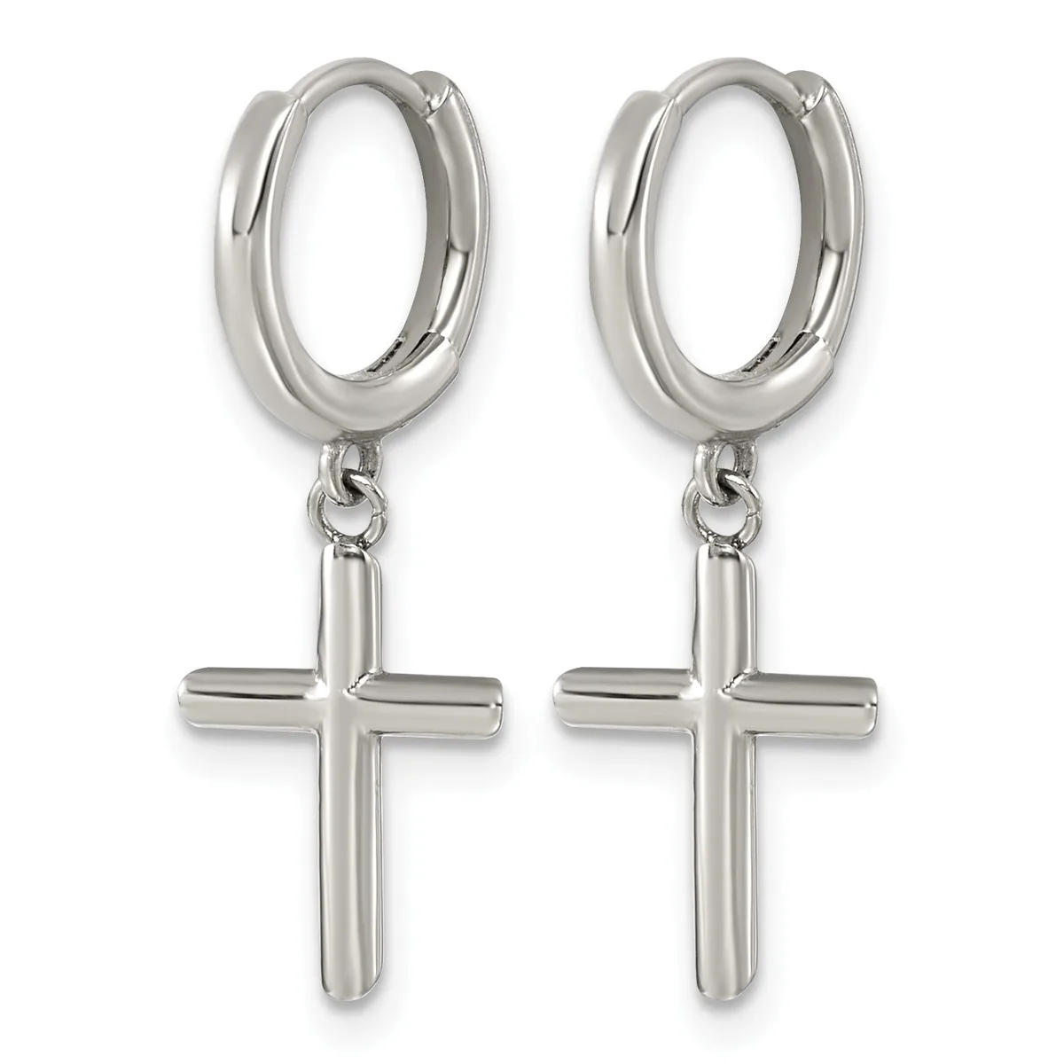 A pair of silver-toned hoop earrings with dangling cross charms attached by small chains.