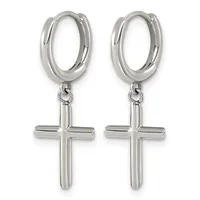 A pair of silver-toned hoop earrings with dangling cross charms attached by small chains.