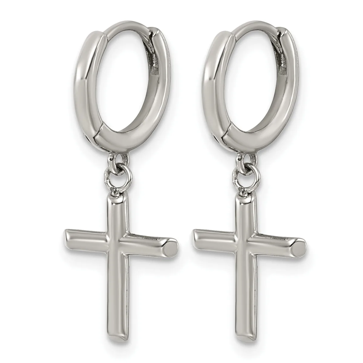 Pair of silver-toned hoop earrings with cross-shaped pendants hanging from hinged closures.