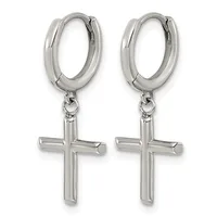 Pair of silver-toned hoop earrings with cross-shaped pendants hanging from hinged closures.