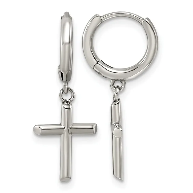 A pair of silver-tone hoop earrings with hollow cylindrical tubes and dangling cross charms attached below.