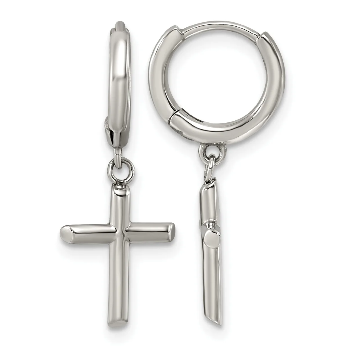 A pair of silver-tone hoop earrings with hollow cylindrical tubes and dangling cross charms attached below.
