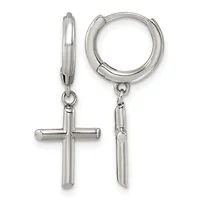 A pair of silver-tone hoop earrings with hollow cylindrical tubes and dangling cross charms attached below.