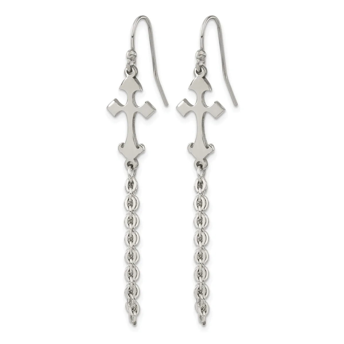 Pair of silver dangle earrings with decorative cross pendants and chain drops, shown against a white background.