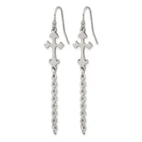 Pair of silver dangle earrings with decorative cross pendants and chain drops, shown against a white background.